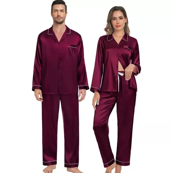 imageSWOMOG Couple Silk Satin Pajamas Set 2Pcs Matching Famliy Sleepwear Button Down Loungewear Men ampamp Women Pjs with PantsDark Wine Red