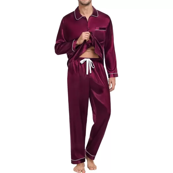 imageSWOMOG Couple Silk Satin Pajamas Set 2Pcs Matching Famliy Sleepwear Button Down Loungewear Men ampamp Women Pjs with PantsDark Wine Red