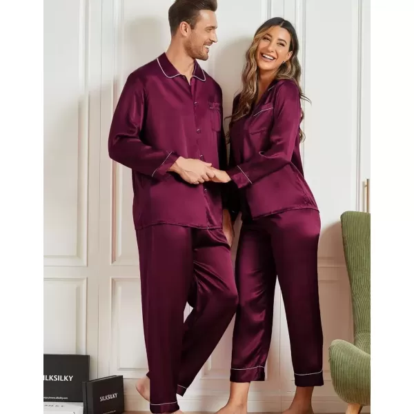 imageSWOMOG Couple Silk Satin Pajamas Set 2Pcs Matching Famliy Sleepwear Button Down Loungewear Men ampamp Women Pjs with PantsDark Wine Red