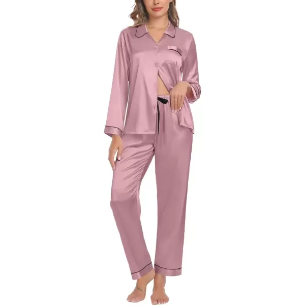 imageSWOMOG Couple Silk Satin Pajamas Set 2Pcs Matching Famliy Sleepwear Button Down Loungewear Men ampamp Women Pjs with PantsMisty Rose