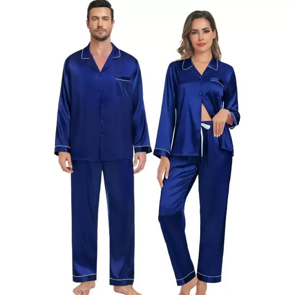 imageSWOMOG Couple Silk Satin Pajamas Set 2Pcs Matching Famliy Sleepwear Button Down Loungewear Men ampamp Women Pjs with PantsNavy Blue