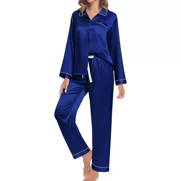 imageSWOMOG Couple Silk Satin Pajamas Set 2Pcs Matching Famliy Sleepwear Button Down Loungewear Men ampamp Women Pjs with PantsNavy Blue