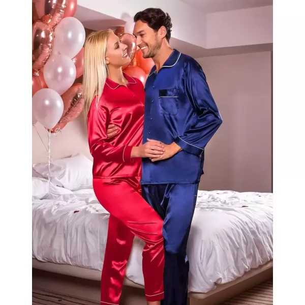 imageSWOMOG Couple Silk Satin Pajamas Set 2Pcs Matching Famliy Sleepwear Button Down Loungewear Men ampamp Women Pjs with PantsNavy Blue