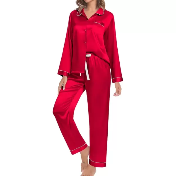 imageSWOMOG Couple Silk Satin Pajamas Set 2Pcs Matching Famliy Sleepwear Button Down Loungewear Men ampamp Women Pjs with PantsRed