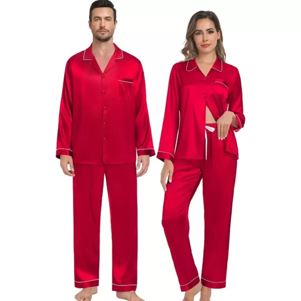 imageSWOMOG Couple Silk Satin Pajamas Set 2Pcs Matching Famliy Sleepwear Button Down Loungewear Men ampamp Women Pjs with PantsRed