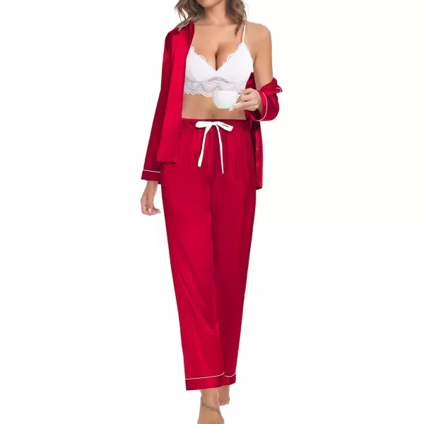 imageSWOMOG Couple Silk Satin Pajamas Set 2Pcs Matching Famliy Sleepwear Button Down Loungewear Men ampamp Women Pjs with PantsRed