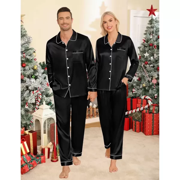 imageSWOMOG Couples Pajamas Sets Silk Satin Long Sleeve Sleepwear Button Down Loungewear Pjs Set Classic Pajama SXXLBlack