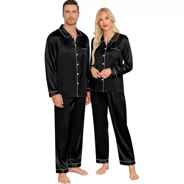 imageSWOMOG Couples Pajamas Sets Silk Satin Long Sleeve Sleepwear Button Down Loungewear Pjs Set Classic Pajama SXXLBlack