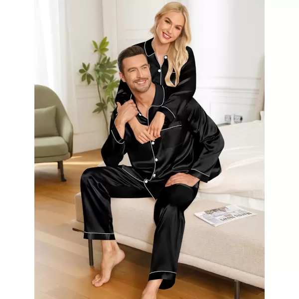 imageSWOMOG Couples Pajamas Sets Silk Satin Long Sleeve Sleepwear Button Down Loungewear Pjs Set Classic Pajama SXXLBlack