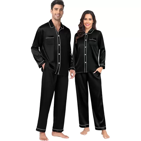 imageSWOMOG Couples Pajamas Sets Silk Satin Long Sleeve Sleepwear Button Down Loungewear Pjs Set Classic Pajama SXXLBlack