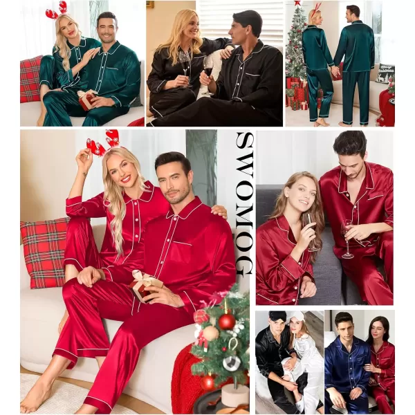 imageSWOMOG Couples Pajamas Sets Silk Satin Long Sleeve Sleepwear Button Down Loungewear Pjs Set Classic Pajama SXXLBlack