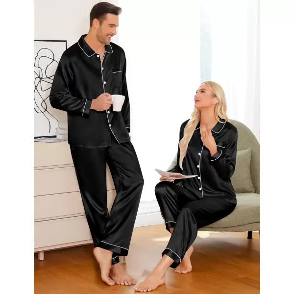 imageSWOMOG Couples Pajamas Sets Silk Satin Long Sleeve Sleepwear Button Down Loungewear Pjs Set Classic Pajama SXXLBlack