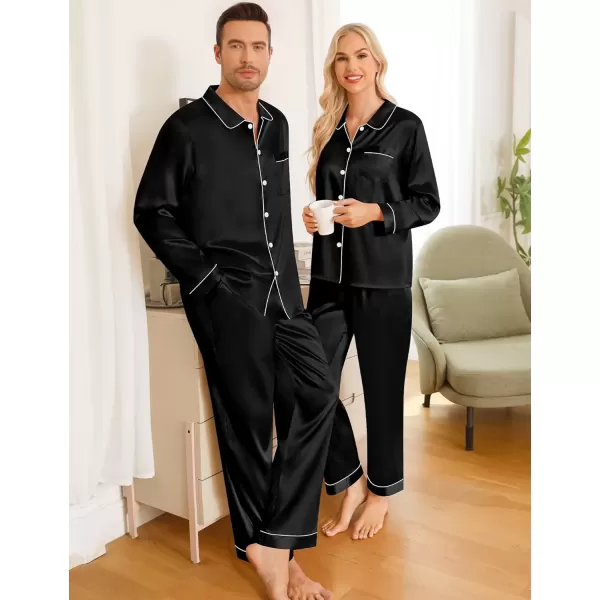 imageSWOMOG Couples Pajamas Sets Silk Satin Long Sleeve Sleepwear Button Down Loungewear Pjs Set Classic Pajama SXXLBlack