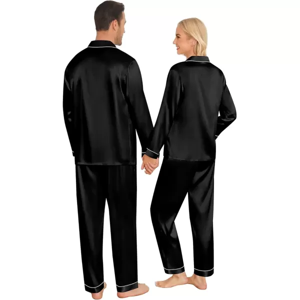 imageSWOMOG Couples Pajamas Sets Silk Satin Long Sleeve Sleepwear Button Down Loungewear Pjs Set Classic Pajama SXXLBlack