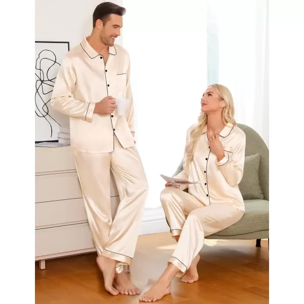 imageSWOMOG Couples Pajamas Sets Silk Satin Long Sleeve Sleepwear Button Down Loungewear Pjs Set Classic Pajama SXXLChampagne