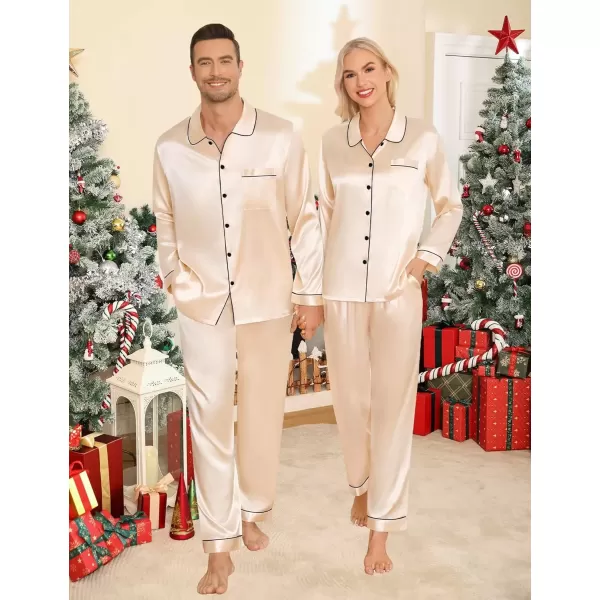 imageSWOMOG Couples Pajamas Sets Silk Satin Long Sleeve Sleepwear Button Down Loungewear Pjs Set Classic Pajama SXXLChampagne