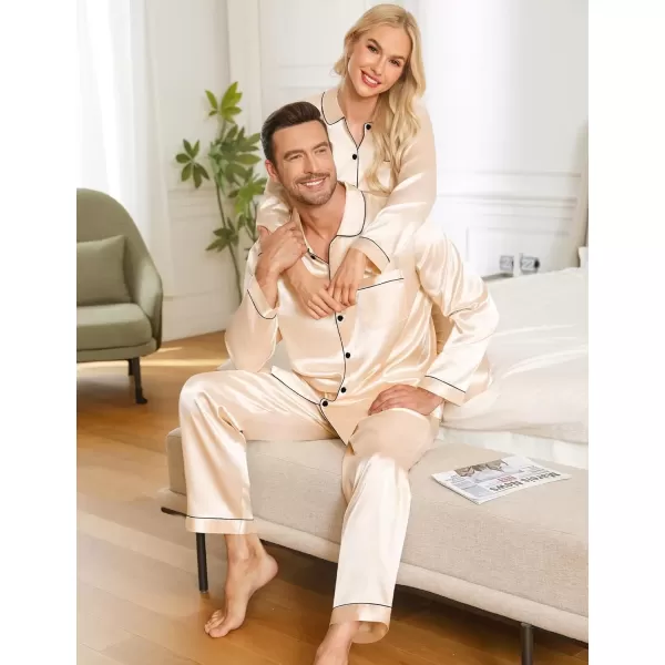 imageSWOMOG Couples Pajamas Sets Silk Satin Long Sleeve Sleepwear Button Down Loungewear Pjs Set Classic Pajama SXXLChampagne