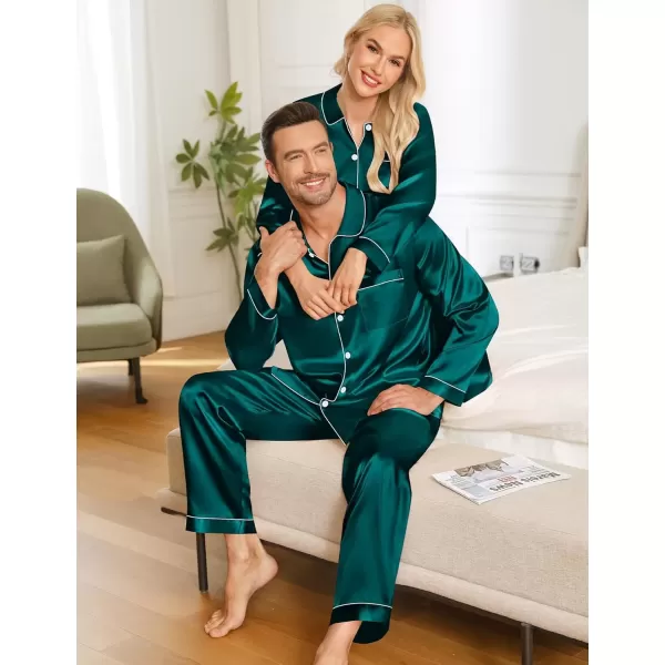 imageSWOMOG Couples Pajamas Sets Silk Satin Long Sleeve Sleepwear Button Down Loungewear Pjs Set Classic Pajama SXXLDeep Green