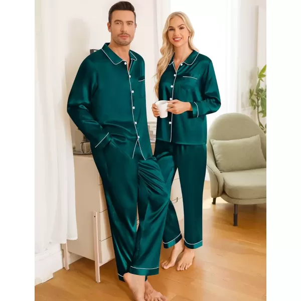 imageSWOMOG Couples Pajamas Sets Silk Satin Long Sleeve Sleepwear Button Down Loungewear Pjs Set Classic Pajama SXXLDeep Green