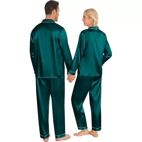 imageSWOMOG Couples Pajamas Sets Silk Satin Long Sleeve Sleepwear Button Down Loungewear Pjs Set Classic Pajama SXXLDeep Green