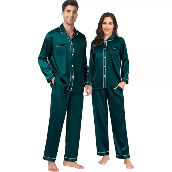 imageSWOMOG Couples Pajamas Sets Silk Satin Long Sleeve Sleepwear Button Down Loungewear Pjs Set Classic Pajama SXXLDeep Green