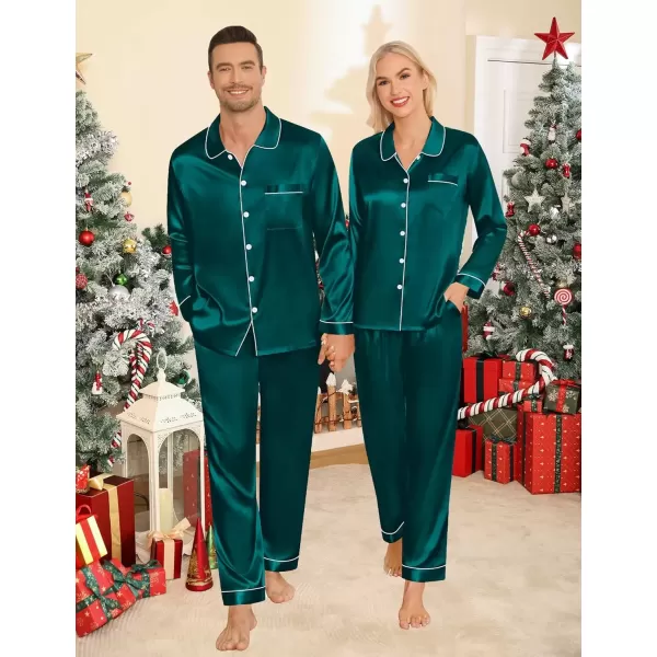 imageSWOMOG Couples Pajamas Sets Silk Satin Long Sleeve Sleepwear Button Down Loungewear Pjs Set Classic Pajama SXXLDeep Green