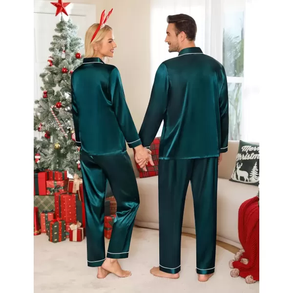 imageSWOMOG Couples Pajamas Sets Silk Satin Long Sleeve Sleepwear Button Down Loungewear Pjs Set Classic Pajama SXXLDeep Green