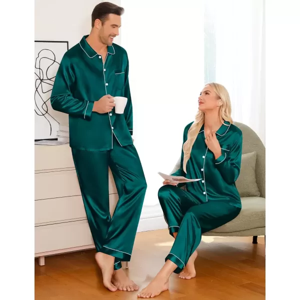 imageSWOMOG Couples Pajamas Sets Silk Satin Long Sleeve Sleepwear Button Down Loungewear Pjs Set Classic Pajama SXXLDeep Green