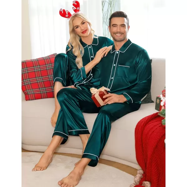 imageSWOMOG Couples Pajamas Sets Silk Satin Long Sleeve Sleepwear Button Down Loungewear Pjs Set Classic Pajama SXXLDeep Green