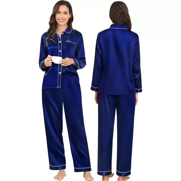 imageSWOMOG Couples Pajamas Sets Silk Satin Long Sleeve Sleepwear Button Down Loungewear Pjs Set Classic Pajama SXXLDeep Navy Blue