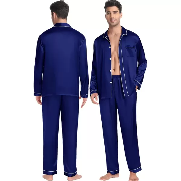 imageSWOMOG Couples Pajamas Sets Silk Satin Long Sleeve Sleepwear Button Down Loungewear Pjs Set Classic Pajama SXXLDeep Navy Blue