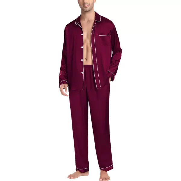 imageSWOMOG Couples Pajamas Sets Silk Satin Long Sleeve Sleepwear Button Down Loungewear Pjs Set Classic Pajama SXXLDeep Wine Red