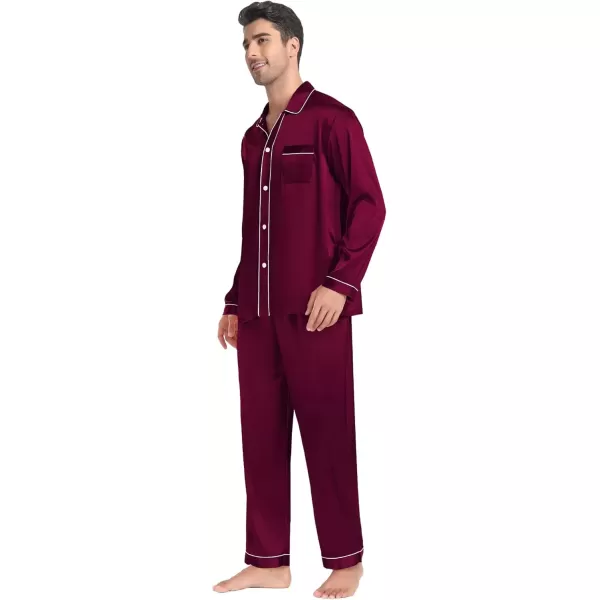 imageSWOMOG Couples Pajamas Sets Silk Satin Long Sleeve Sleepwear Button Down Loungewear Pjs Set Classic Pajama SXXLDeep Wine Red