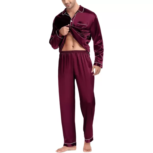 imageSWOMOG Couples Pajamas Sets Silk Satin Long Sleeve Sleepwear Button Down Loungewear Pjs Set Classic Pajama SXXLDeep Wine Red