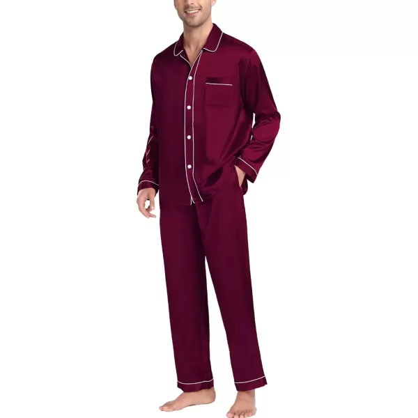 imageSWOMOG Couples Pajamas Sets Silk Satin Long Sleeve Sleepwear Button Down Loungewear Pjs Set Classic Pajama SXXLDeep Wine Red