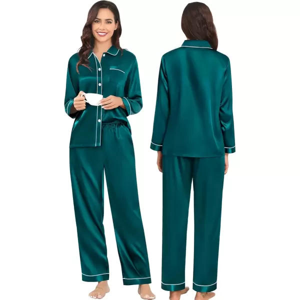 imageSWOMOG Couples Pajamas Sets Silk Satin Long Sleeve Sleepwear Button Down Loungewear Pjs Set Classic Pajama SXXLGreen