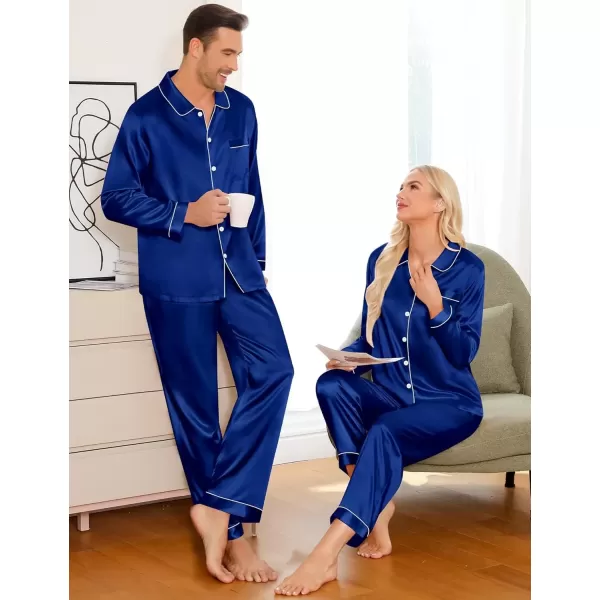 imageSWOMOG Couples Pajamas Sets Silk Satin Long Sleeve Sleepwear Button Down Loungewear Pjs Set Classic Pajama SXXLNavy Blue