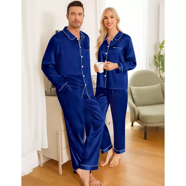 imageSWOMOG Couples Pajamas Sets Silk Satin Long Sleeve Sleepwear Button Down Loungewear Pjs Set Classic Pajama SXXLNavy Blue