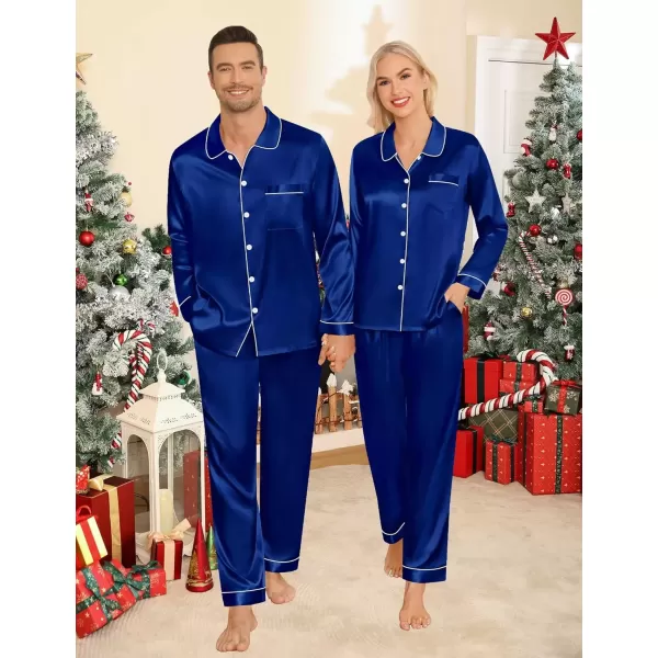 imageSWOMOG Couples Pajamas Sets Silk Satin Long Sleeve Sleepwear Button Down Loungewear Pjs Set Classic Pajama SXXLNavy Blue