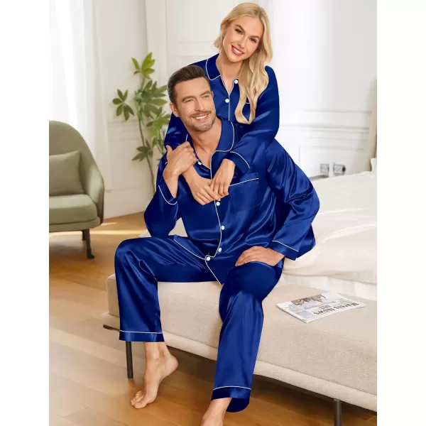 imageSWOMOG Couples Pajamas Sets Silk Satin Long Sleeve Sleepwear Button Down Loungewear Pjs Set Classic Pajama SXXLNavy Blue