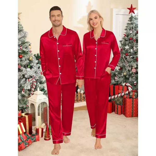 imageSWOMOG Couples Pajamas Sets Silk Satin Long Sleeve Sleepwear Button Down Loungewear Pjs Set Classic Pajama SXXLRed