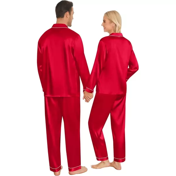 imageSWOMOG Couples Pajamas Sets Silk Satin Long Sleeve Sleepwear Button Down Loungewear Pjs Set Classic Pajama SXXLRed