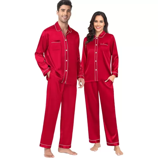 imageSWOMOG Couples Pajamas Sets Silk Satin Long Sleeve Sleepwear Button Down Loungewear Pjs Set Classic Pajama SXXLRed