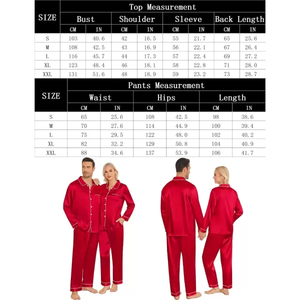 imageSWOMOG Couples Pajamas Sets Silk Satin Long Sleeve Sleepwear Button Down Loungewear Pjs Set Classic Pajama SXXLRed