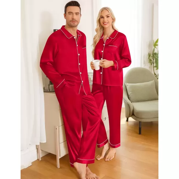 imageSWOMOG Couples Pajamas Sets Silk Satin Long Sleeve Sleepwear Button Down Loungewear Pjs Set Classic Pajama SXXLRed