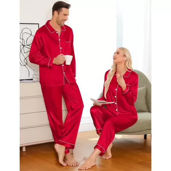 imageSWOMOG Couples Pajamas Sets Silk Satin Long Sleeve Sleepwear Button Down Loungewear Pjs Set Classic Pajama SXXLRed