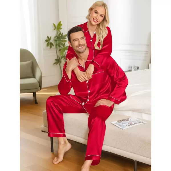 imageSWOMOG Couples Pajamas Sets Silk Satin Long Sleeve Sleepwear Button Down Loungewear Pjs Set Classic Pajama SXXLRed