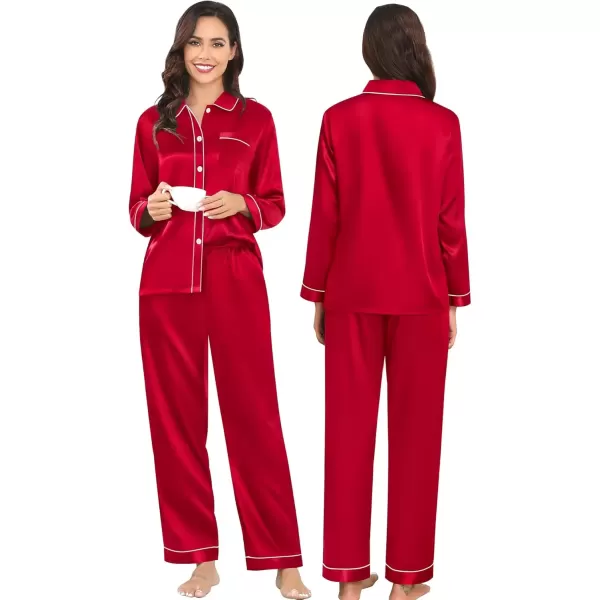 imageSWOMOG Couples Pajamas Sets Silk Satin Long Sleeve Sleepwear Button Down Loungewear Pjs Set Classic Pajama SXXLRed