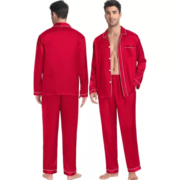 imageSWOMOG Couples Pajamas Sets Silk Satin Long Sleeve Sleepwear Button Down Loungewear Pjs Set Classic Pajama SXXLRed