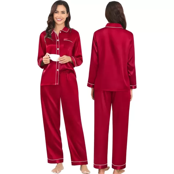 imageSWOMOG Couples Pajamas Sets Silk Satin Long Sleeve Sleepwear Button Down Loungewear Pjs Set Classic Pajama SXXLScarlet Red